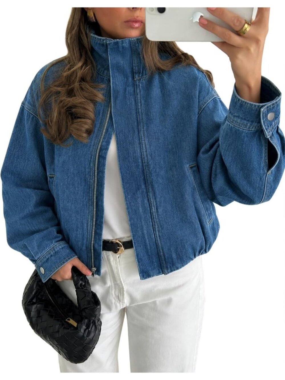 Women’s Navy Funnel Neck Cropped Denim ZIP Up Casual Jean Coat Bomber Jacket